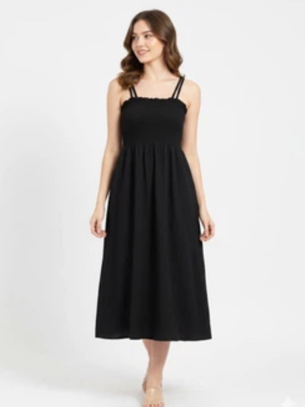H&M Smocked Bodice Midi Dress Black